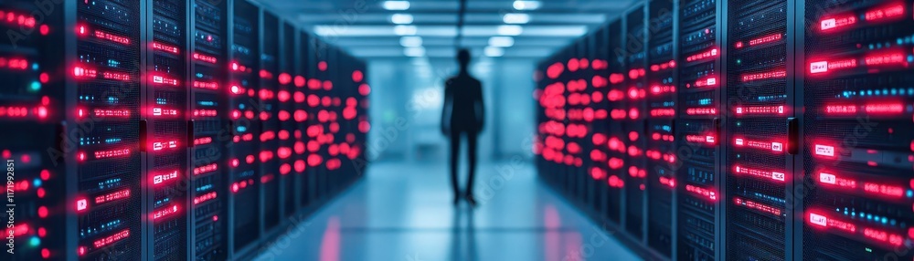 Poster A network server room filled with glowing red alarms, indicating unauthorized access, with a shadowy figure in the background