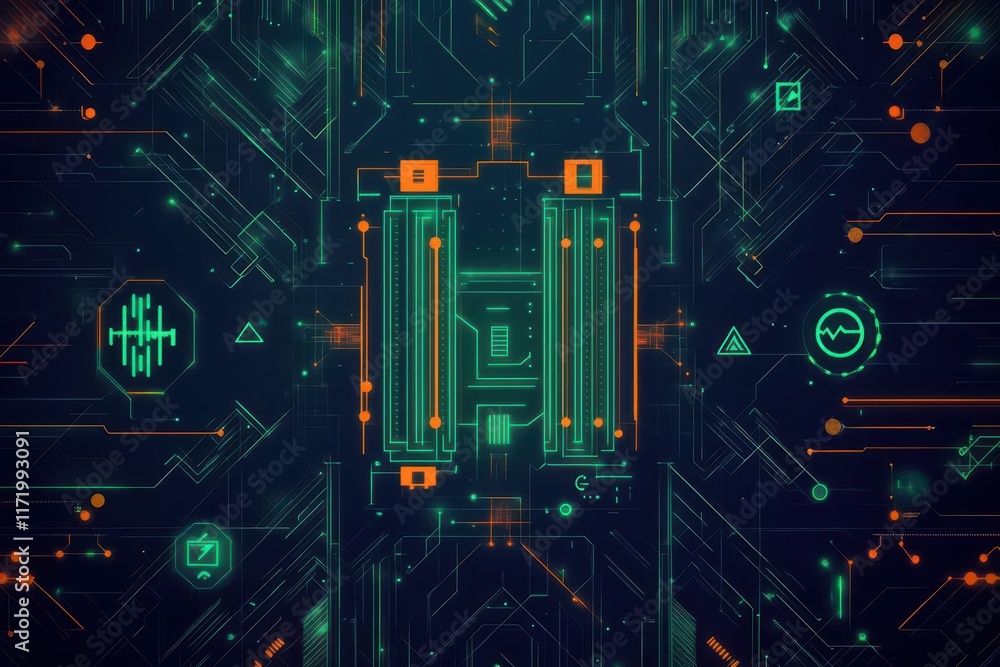 Poster Intricate Circuit Design Featuring Vibrant Green and Orange Patterns Showcasing Technology and Innovation in Modern Electronic Systems and Devices