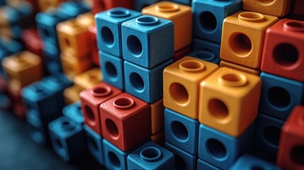 A colorful arrangement of interlocking plastic building blocks in various hues.
