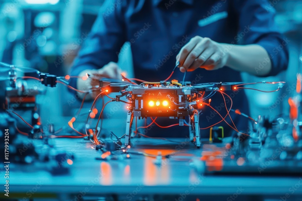 Poster a robot or drone being hacked remotely, with glowing wires and signals, while a cybersecurity profes
