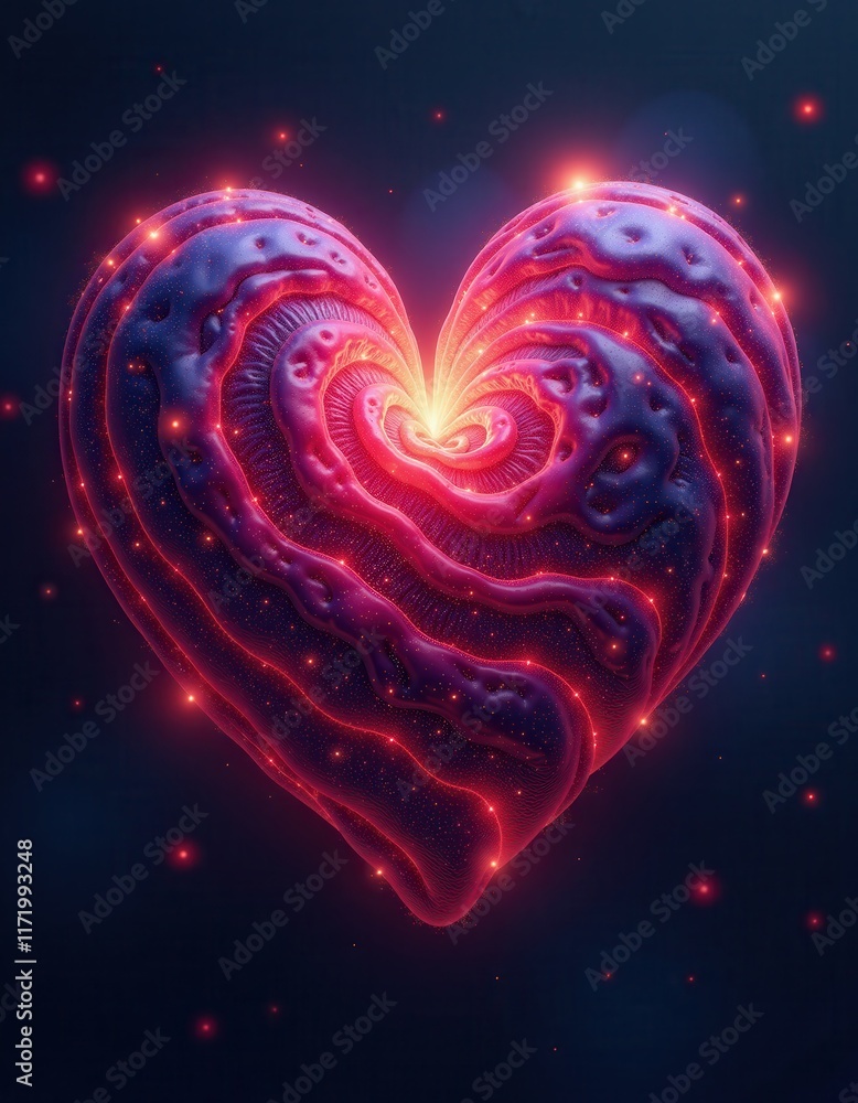 Poster glowing abstract heart with vivid neon patterns and cosmic vibes