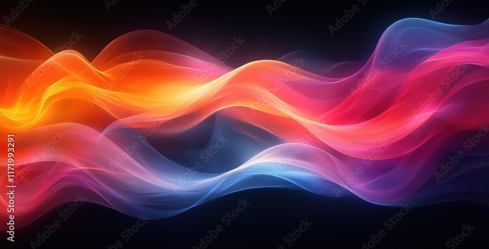 Poster colorful abstract curves on black background with high-gloss finish and soft ambient light