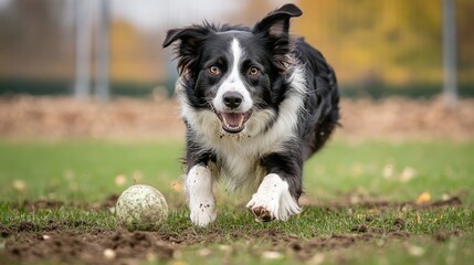 Fototapeta premium A playful dog eagerly runs towards a ball in a grassy field during autumn.