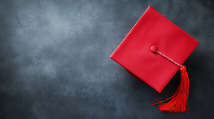 red graduation cap on dark chalkboard background, symbolizing achievement and celebration. Perfect for educational themes and graduation events