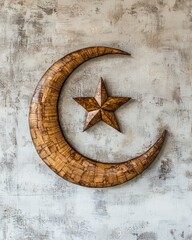 Fototapeta premium Wooden crescent moon and star on textured background display