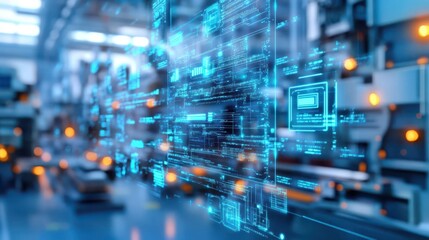 Obraz premium A sleek futuristic factory with autonomous operations highlighted by glowing AI systems, metallic tones, industrial, ultrarealistic