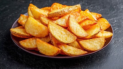 The image shows a top view of a pile of golden, crispy French fries arranged neatly on a dark background, highlighting their deliciously fried texture and tempting appearance.