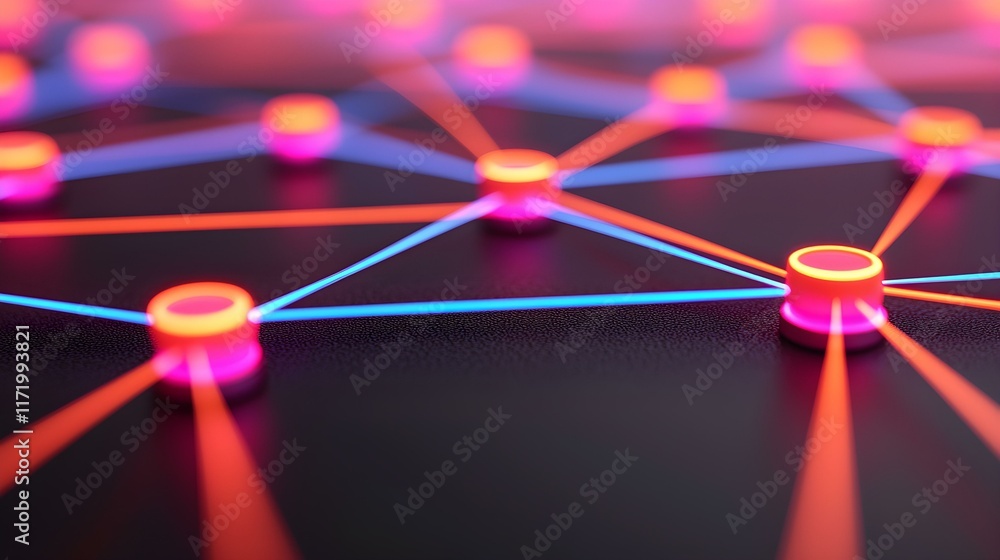 Poster abstract network connections with glowing nodes and vibrant neon lines on a dark background illustra