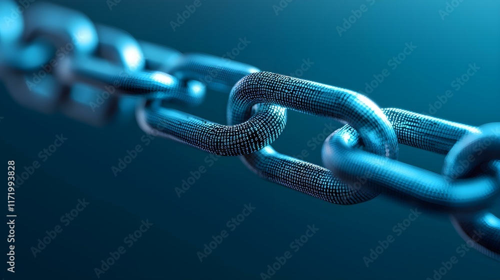 Poster a close-up view of a metallic chain link on a gradient background reflecting light in various shades