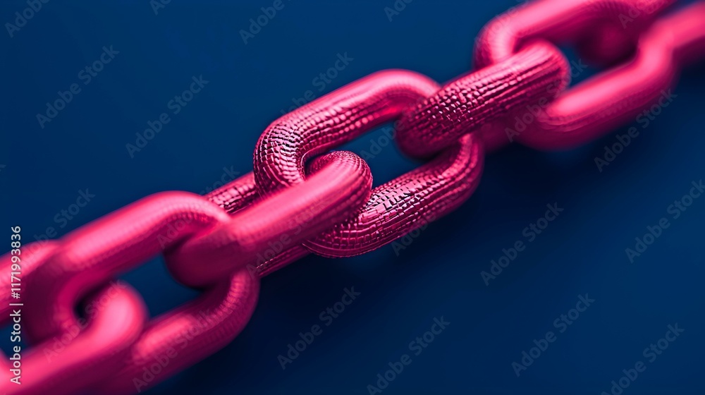 Aufkleber close-up of a pink metallic chain link against a deep blue background highlighting texture and refle