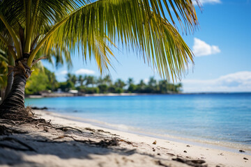 realistics serene and picturesque island beach displays palm trees, gentle sands, and alluring waters, evoking a sense of paradise and tranquility