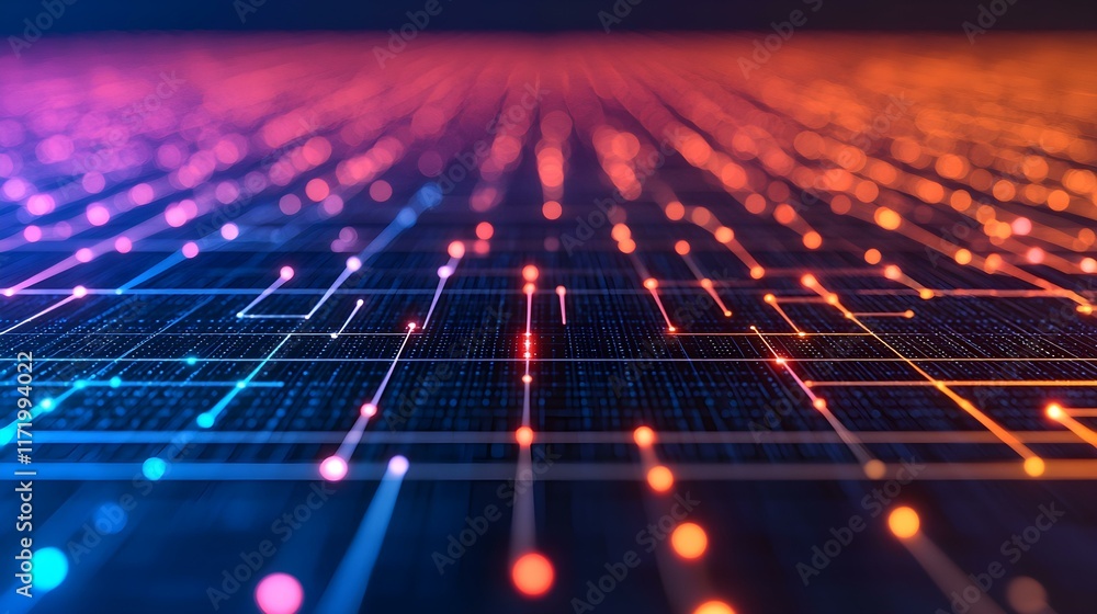 Poster abstract futuristic digital landscape with glowing dots and lines in vibrant colors creating a mesme