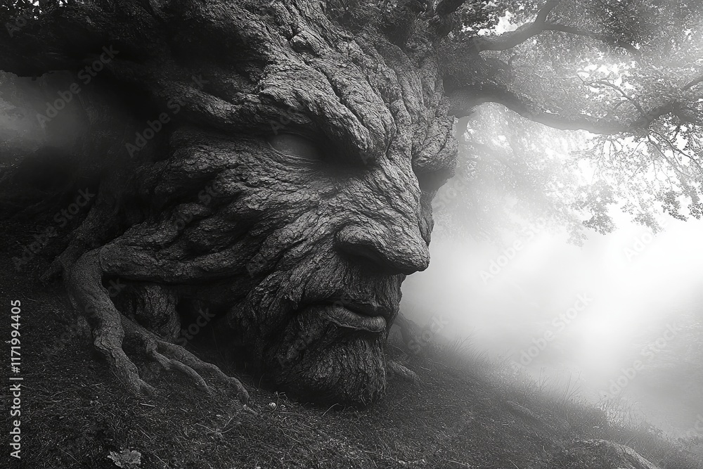 Aufkleber mysterious tree with a face in a foggy forest at dawn. generative ai