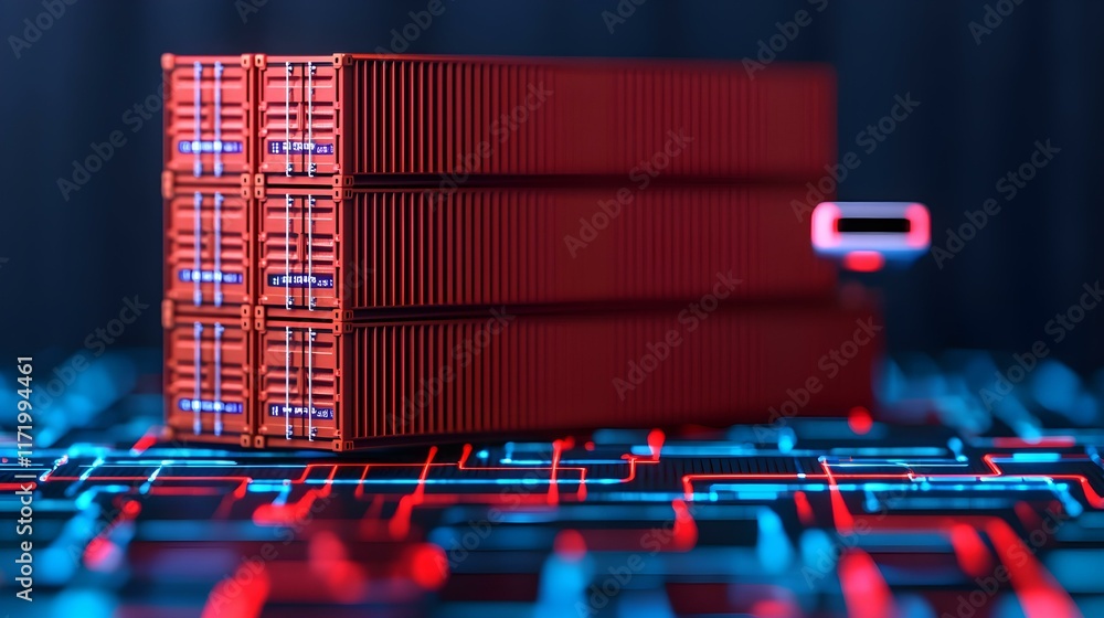 Poster red shipping containers on a digital circuit board background with neon blue and red lights represen