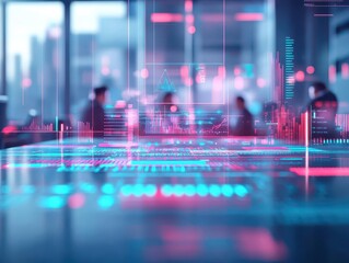 A vibrant corporate meeting room, executives strategizing with AR projections of export analytics, style futuristic corporate, technic photorealistic