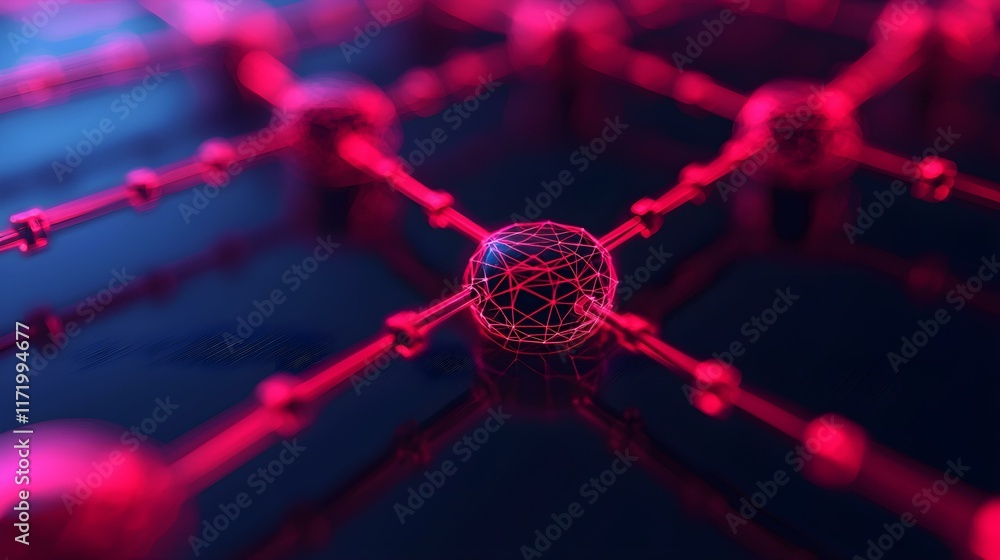 Poster abstract representation of network connections with bright pink and blue nodes and lines in a futuri