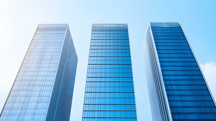 Obraz premium Modern Glass Skyscrapers Reaching Towards Blue Sky with Bright Sunlight Reflections in Urban Landscape