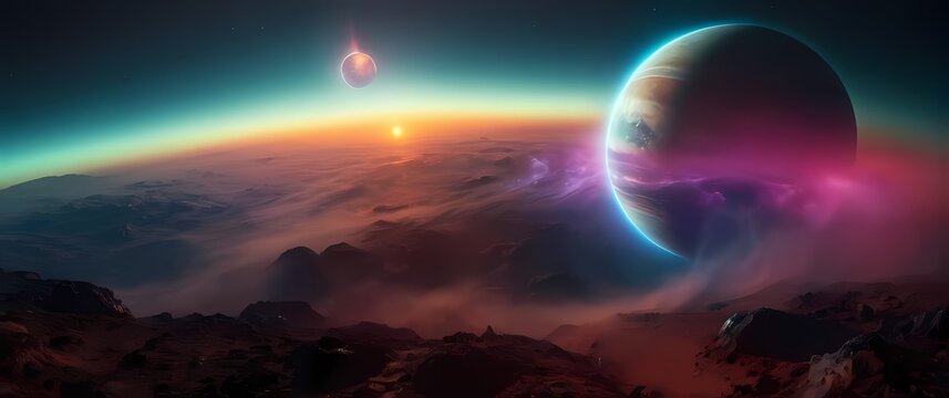 The imaginative portrayal of planets brimming with life in vibrant colors