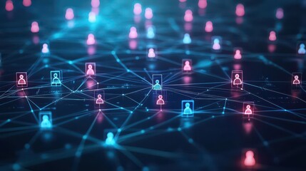 Abstract depiction of human silhouettes connected by glowing lines, online, representing audience connectivity and engagement