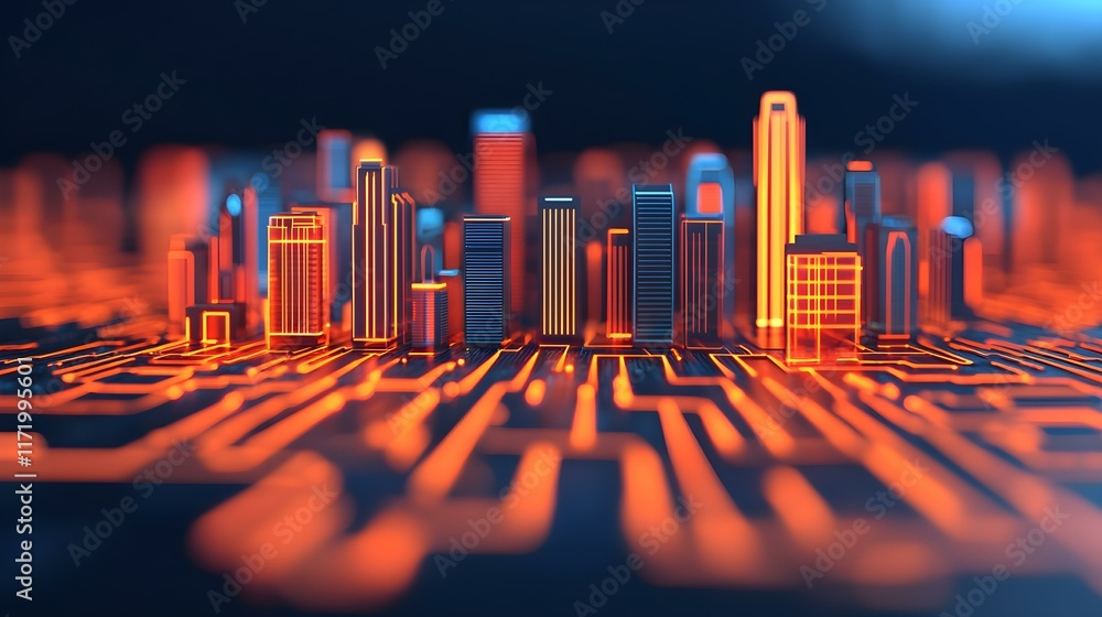 Poster futuristic cityscape with neon lights and circuit board patterns highlighting technology integration
