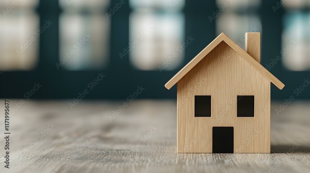 Aufkleber wooden house model on table with blurred windows in background representing home concept and real es