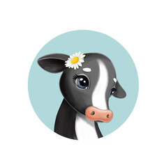 illustration of a young cute cow with Daisy flower, cartoon character