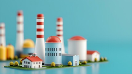 Miniature Model of Industrial Power Plant with Smokestacks and Buildings Representing Energy Production and Renewable Resources