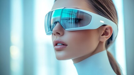 Naklejka premium Stylish woman in futuristic sunglasses with a serene blue tone background
