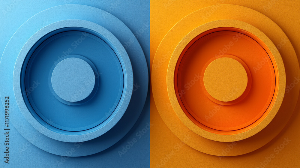 Poster abstract design featuring blue and orange circular shapes with layered textures.