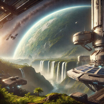  Futuristic space station orbiting a distant exoplanet with lush vegetation