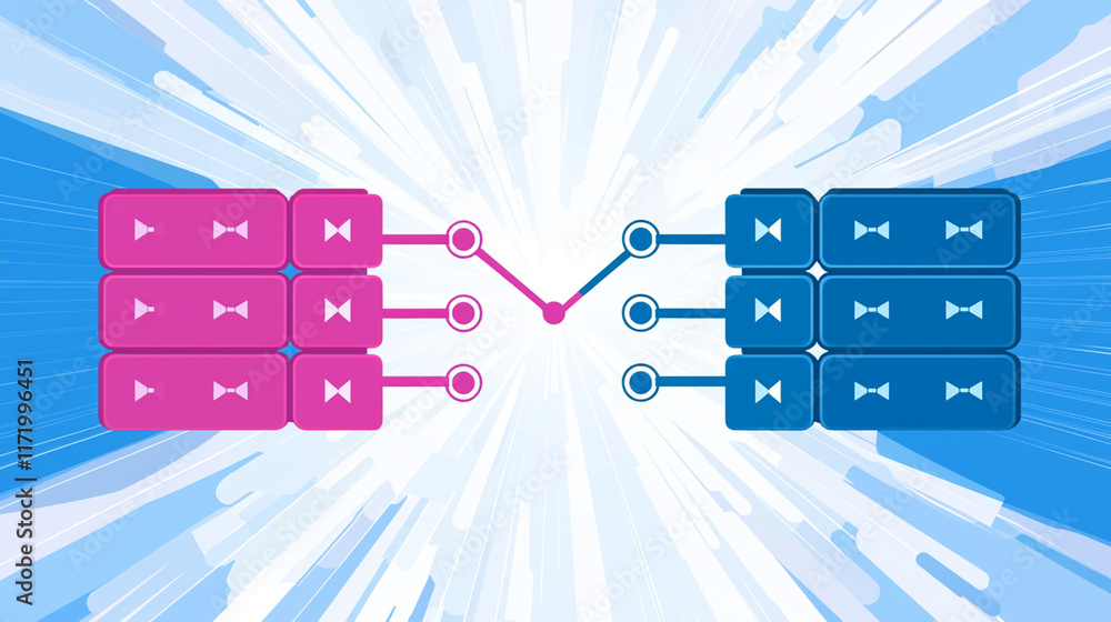 Aufkleber abstract illustration of data flow with pink and blue elements representing processes.