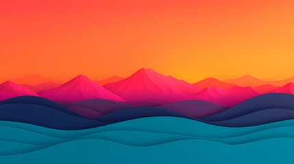 Vibrant abstract landscape featuring layered mountains and waves in shades of pink and blue during sunset