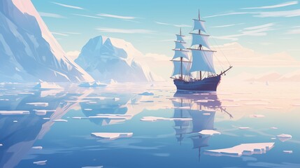 Obraz premium A ship sailing through frozen waters with sharp ice formations, soft natural light, empty space on the right side,generative ai illustration