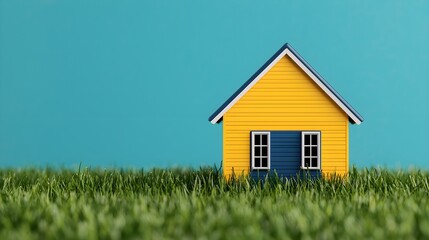 Bright and Cheerful Miniature House with Yellow Exterior and Blue Door Surrounded by Lush Green Grass Against a Light Blue Background