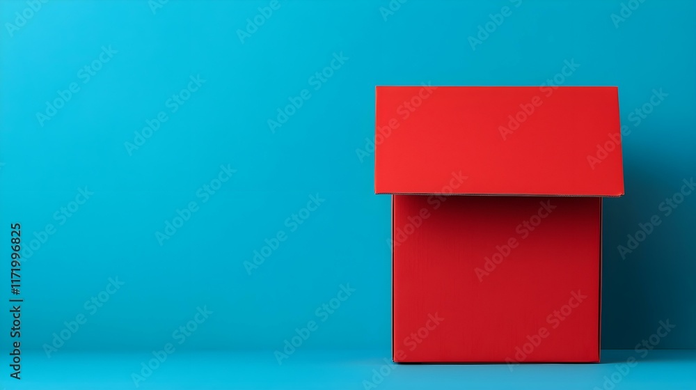 Poster Bright Red Box with Open Lid on Vibrant Blue Background Showcasing Minimalist Design and Bold Color Contrast for Creative Projects
