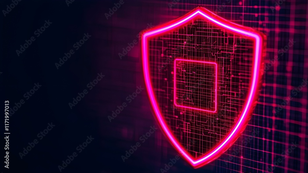 Aufkleber neon shield symbol representing cybersecurity and digital protection in modern technology with abstr