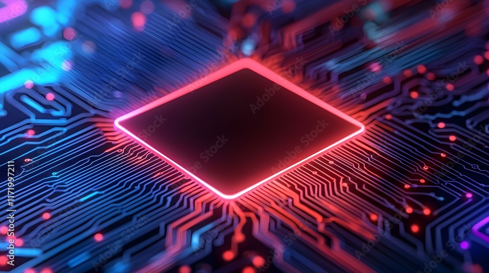Aufkleber abstract futuristic digital circuit board with glowing neon accents, showcasing advanced technology 