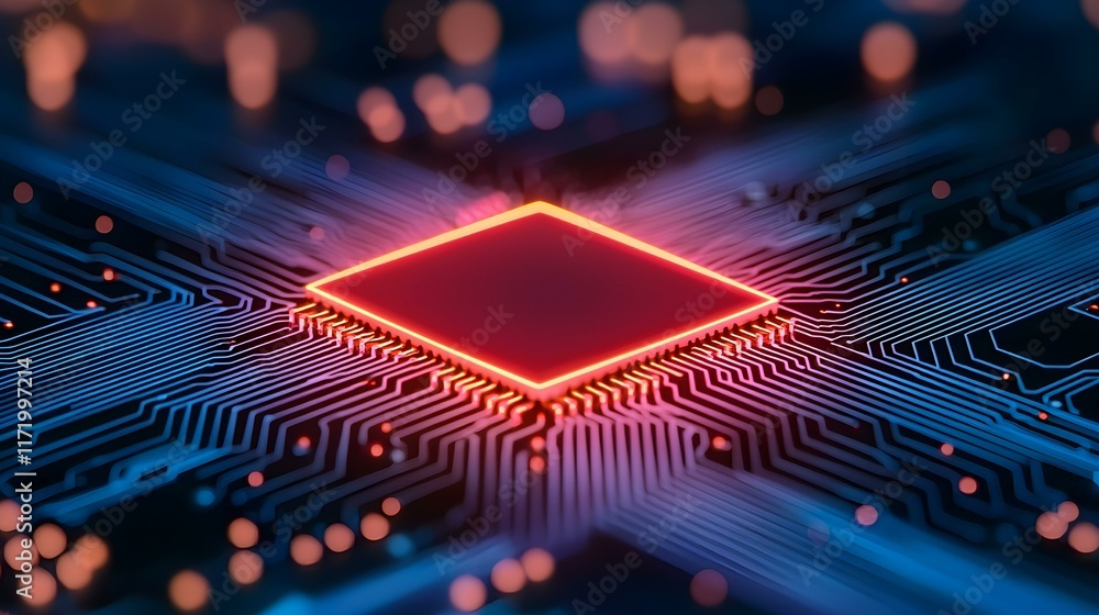 Poster abstract digital technology background featuring neon circuit board, illuminated microchip on dark s