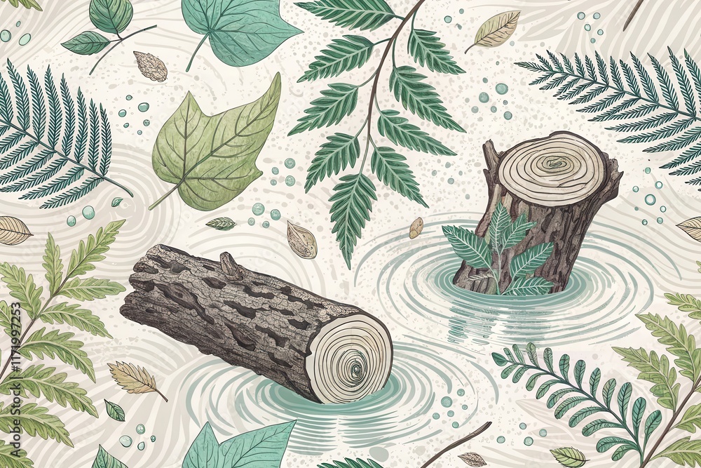 Poster nature-inspired botanical patterns with logs and leaves in calming design