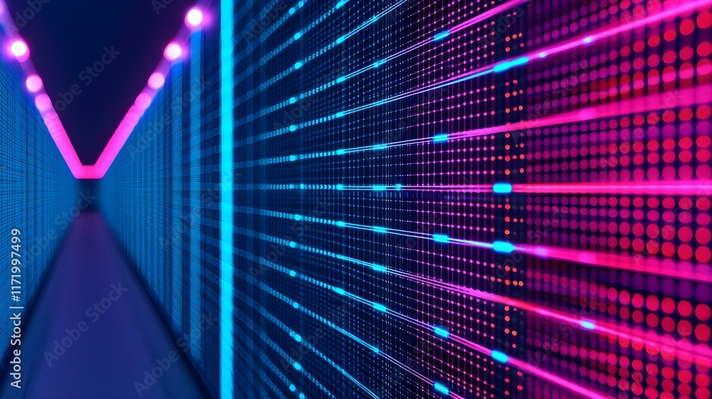 Poster futuristic technology corridor with neon lights and digital patterns creating a dynamic and engaging