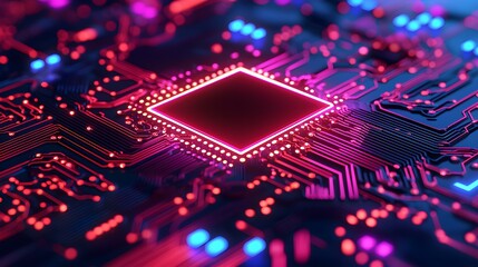 Obraz premium Abstract Vibrant Close-Up of a Microchip Embedded in a Futuristic Circuit Board with Glowing Lines and Nodes in Purple and Pink Hues