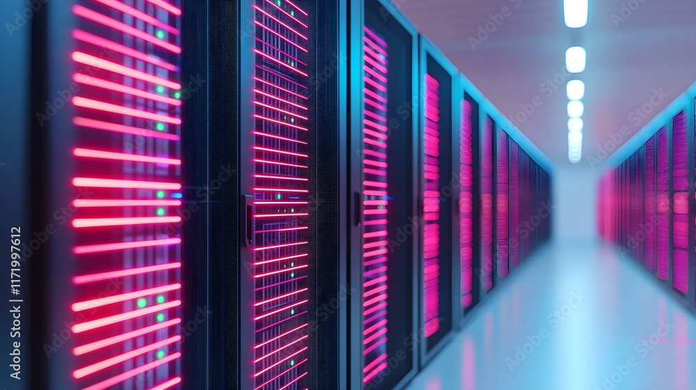 Aufkleber futuristic data center with bright neon lights and high-tech server racks in modern server room envi