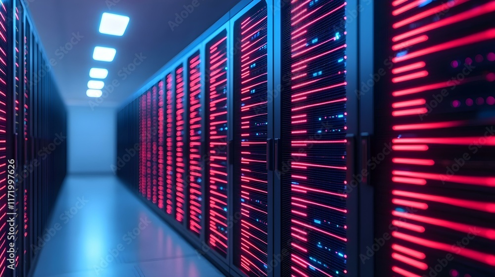 Poster futuristic data center with rows of server racks illuminated by blue and red led lights in a high-te