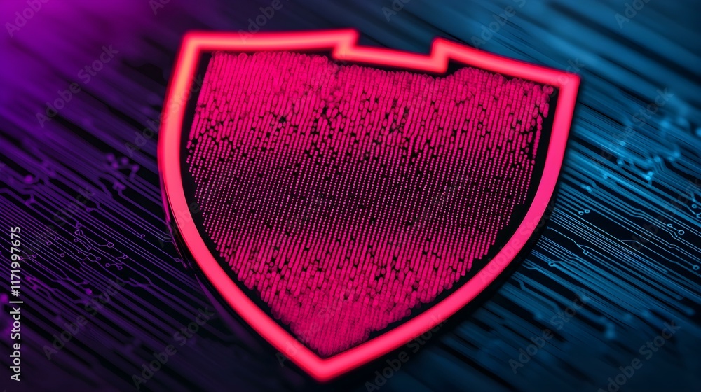 Poster digital shield emblem with glowing outline on circuit board background representing cybersecurity an