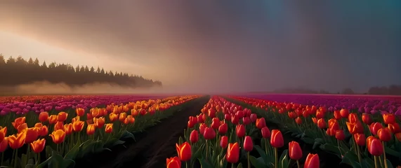 Selbstklebende Fototapeten Vast fields of tulips stretching endlessly showcasing brilliant colors © RobinsonIcious