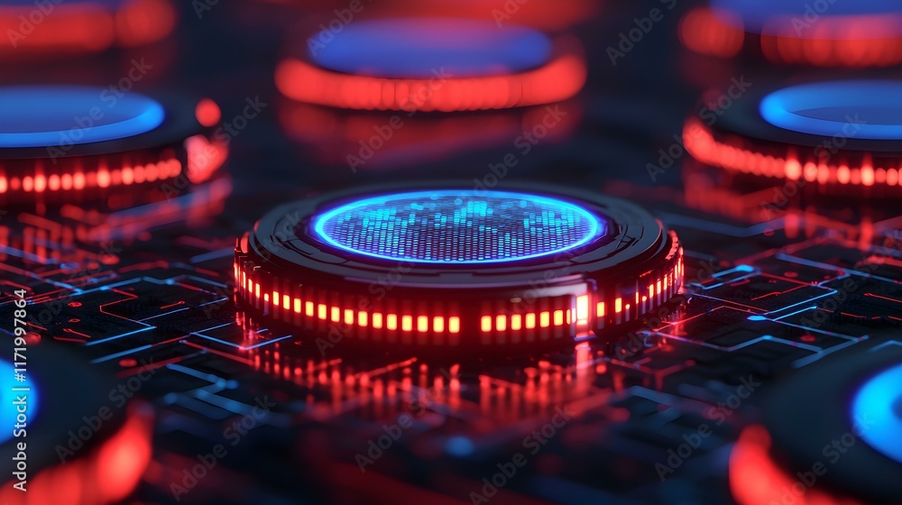 Aufkleber high-tech futuristic digital circuit board with glowing blue and red lights and world map design in 
