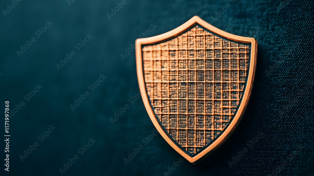 Poster elegant bronze shield emblem with textured surface on dark background representing security and prot