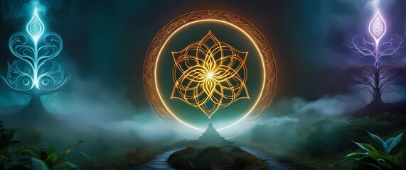 Fototapeta premium Vibrant abstract designs representing spiritual symbols interwoven with nature