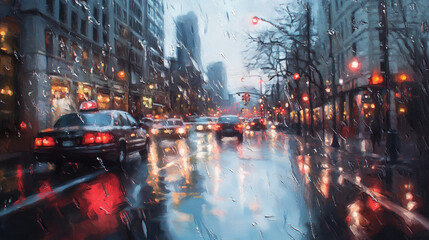 City street during rainy evening with cars and bright reflections on wet pavement