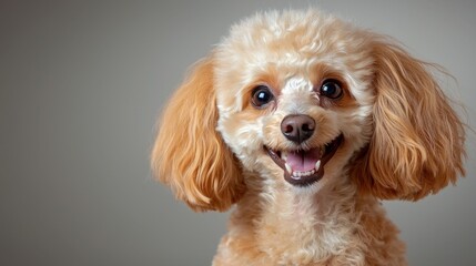 The young poodle head portrait shows a happy dog with fluffy white fur, shiny black eyes, and floppy ears, set against a simple, isolated background.